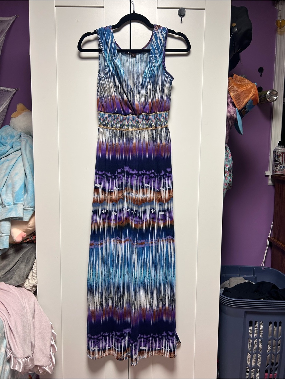 Smocked Waist V-Neck Maxi Dress in Blue & Purple Print
